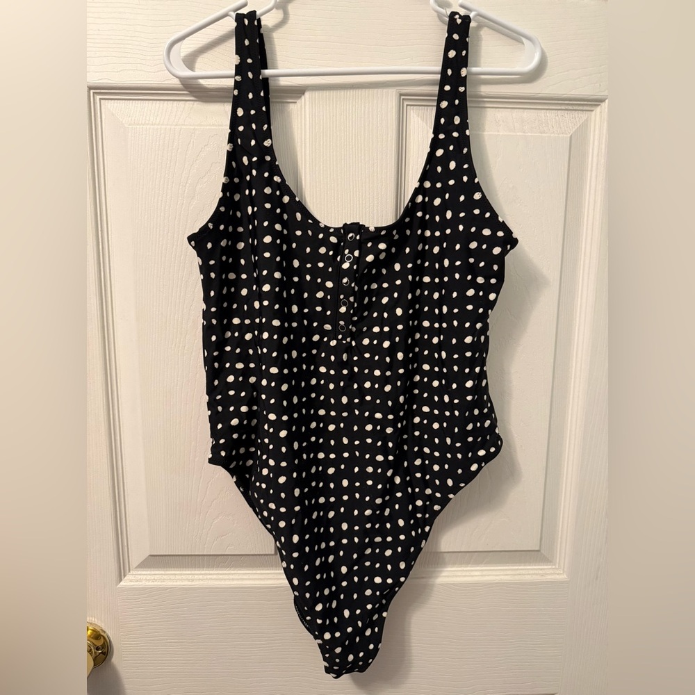 Aerie Black & White Polka Dot Henley Swim One Piece